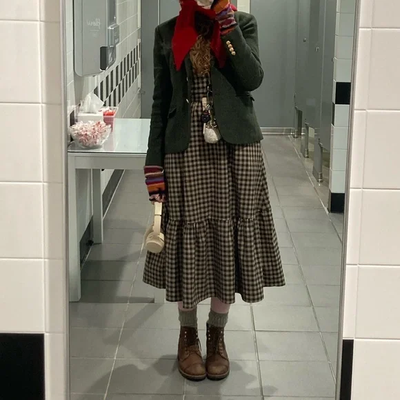 Urban Outfitters Brown Checkered Pinafore Midi Dress - Picture 8 of 9